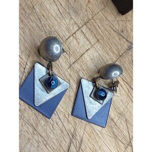 Vintage Geometric Silver & Blue Clip-On Earrings With Box
